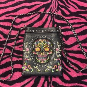Embroidered  leather Skull Crossbody Bag - Black